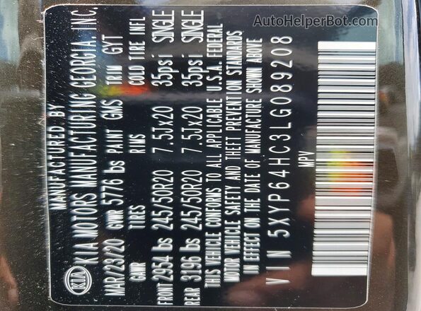 5XYP64HC3LG089208 2020 KIA TELLURIDE Green Widok naklejki z numerem VIN
