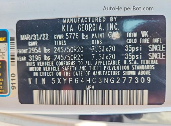5XYP64HC3NG277309 2022 KIA TELLURIDE White Vista de la etiqueta del VIN
