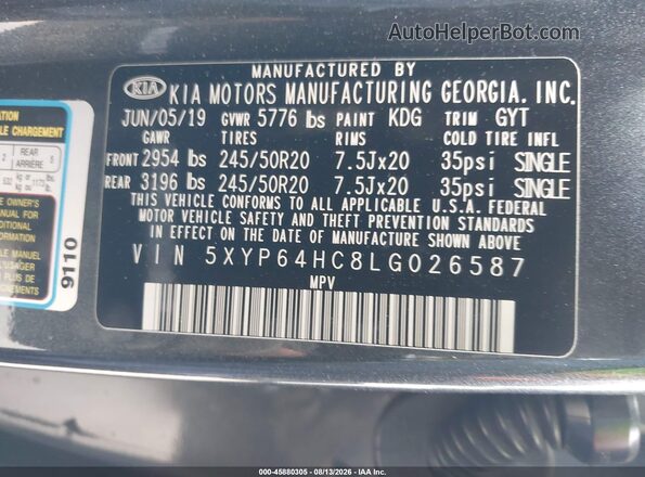 5XYP64HC8LG026587 2020 KIA TELLURIDE Black Widok komory silnika