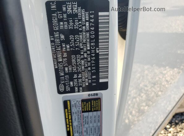 5XYP64HC8LG047441 2020 KIA TELLURIDE White VIN კოდის სტიკერის ხედი