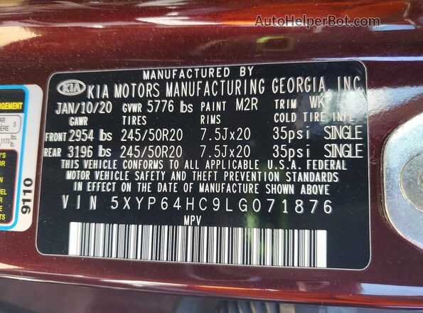 5XYP64HC9LG071876 2020 KIA TELLURIDE Burgundy Vista interior de 360 grados