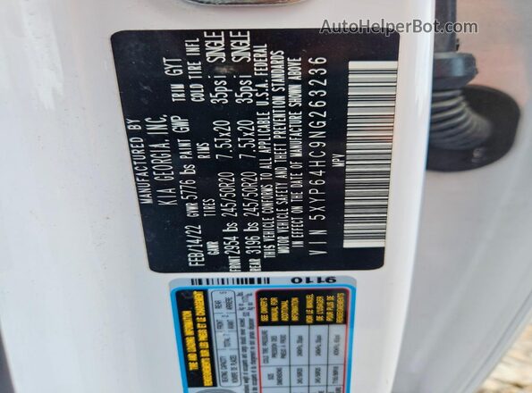 5XYP64HC9NG263236 2022 KIA TELLURIDE White VIN კოდის სტიკერის ხედი