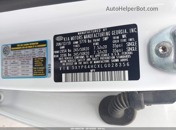 5XYP64HCXLG028356 2020 KIA TELLURIDE Белый Вид подкапотного пространства