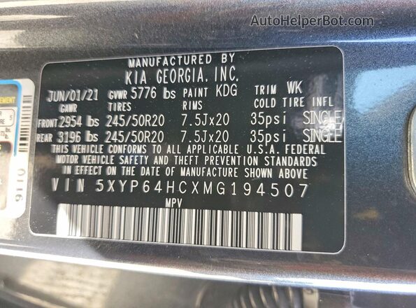 5XYP64HCXMG194507 2021 KIA TELLURIDE Gray VIN კოდის სტიკერის ხედი