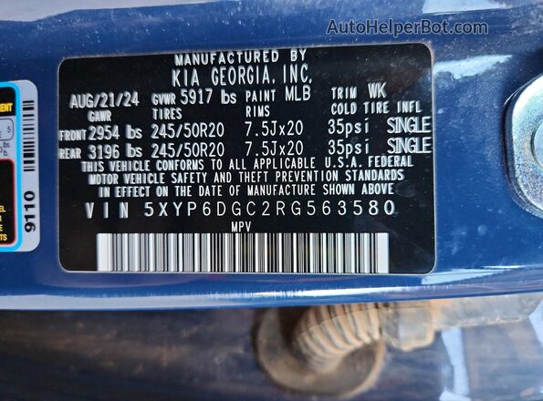 5XYP6DGC2RG563580 2024 KIA TELLURIDE Blue Widok naklejki z numerem VIN