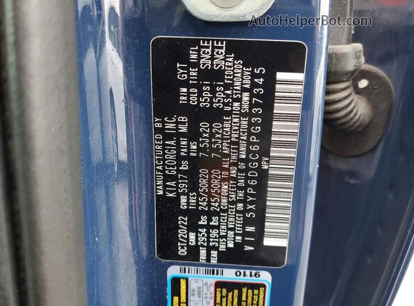 5XYP6DGC6PG337345 2023 KIA TELLURIDE Blue VIN კოდის სტიკერის ხედი