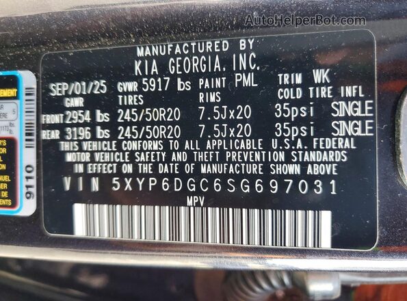 5XYP6DGC6SG697031 2025 KIA TELLURIDE Gray Widok naklejki z numerem VIN