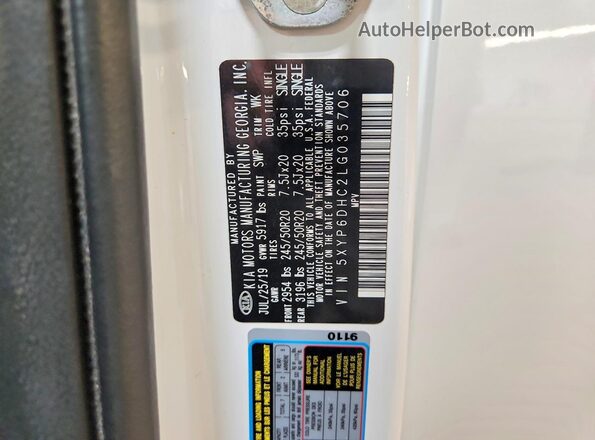5XYP6DHC2LG035706 2020 KIA TELLURIDE White Widok naklejki z numerem VIN