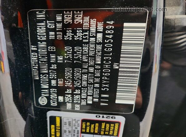 5XYP6DHC3LG054894 2020 KIA TELLURIDE Black Widok komory silnika