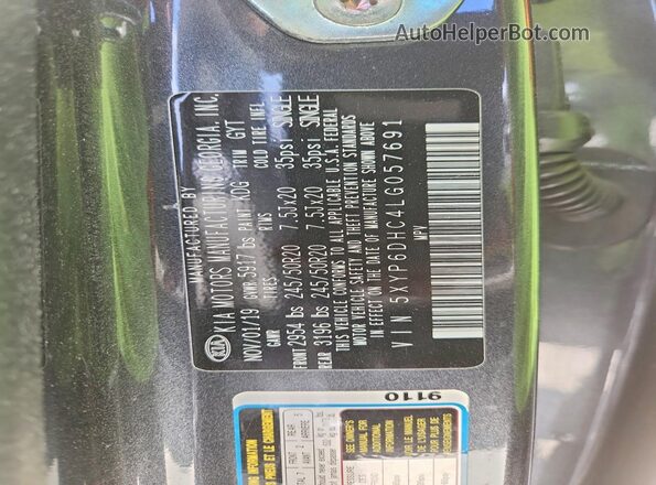 5XYP6DHC4LG057691 2020 KIA TELLURIDE Blue VIN კოდის სტიკერის ხედი