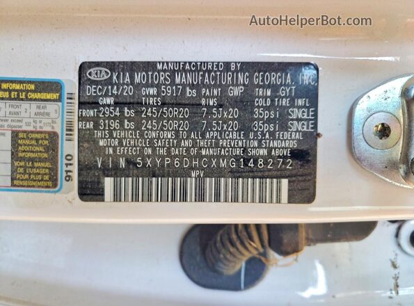 5XYP6DHCXMG148272 2021 KIA TELLURIDE White Вид наклейки з VIN-кодом