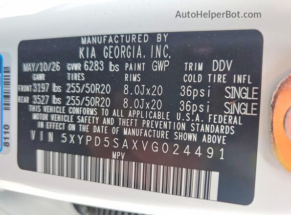 5XYPD5SAXVG024491 2027 KIA TELLURIDE Белый Вид наклейки с VIN-кодом