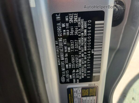 5XYPG4A30GG096470 2016 KIA SORENTO Silver Շարժիչի բաժամունքի տեսք