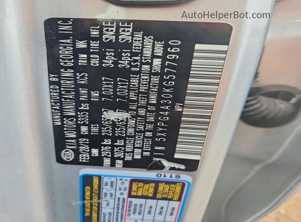 5XYPG4A30KG577960 2019 KIA SORENTO Silver VIN sticker view