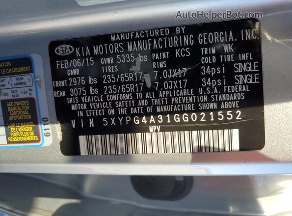 5XYPG4A31GG021552 2016 KIA SORENTO Silver Вид наклейки з VIN-кодом