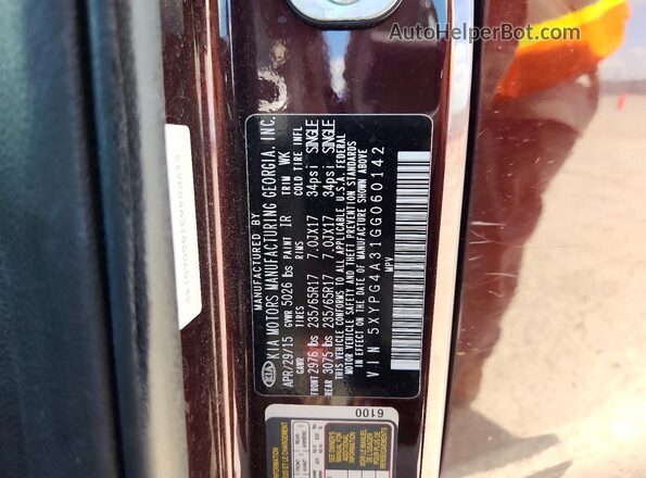 5XYPG4A31GG060142 2016 KIA SORENTO Purple VIN կոդի պիտակի տեսք