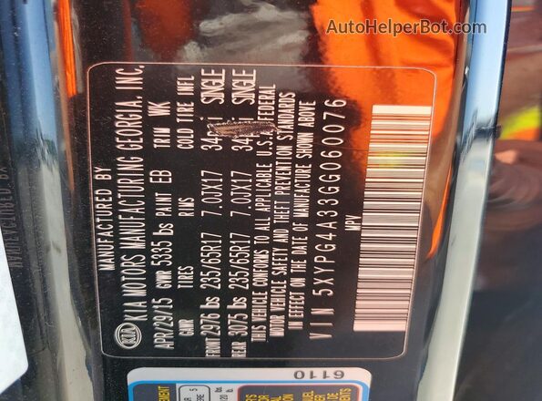 5XYPG4A33GG060076 2016 KIA SORENTO Black Widok naklejki z numerem VIN