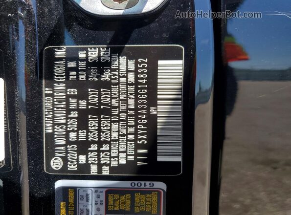 5XYPG4A33GG148352 2016 KIA SORENTO Black VIN კოდის სტიკერის ხედი