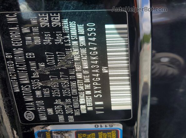5XYPG4A34KG474590 2019 KIA SORENTO Black VIN კოდის სტიკერის ხედი