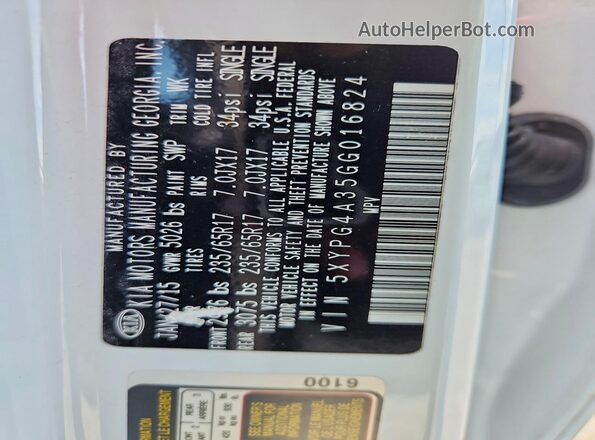 5XYPG4A35GG016824 2016 KIA SORENTO White VIN კოდის სტიკერის ხედი
