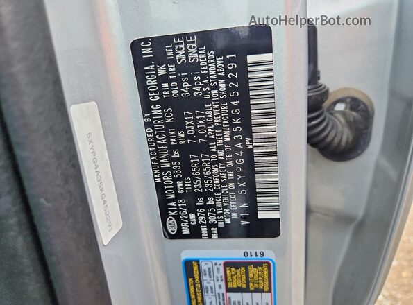 5XYPG4A35KG452291 2019 KIA SORENTO Silver ძრავის განყოფილების ხედი