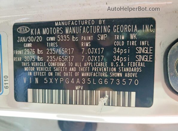 5XYPG4A35LG673570 2020 KIA SORENTO Белый Вид наклейки с VIN-кодом
