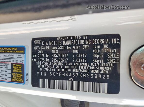 5XYPG4A37KG599826 2019 KIA SORENTO White Vista interior de 360 grados