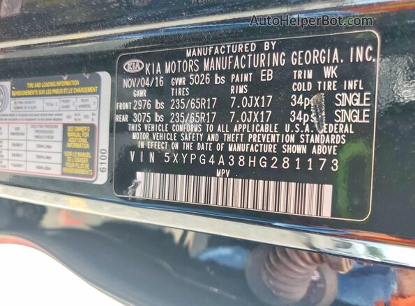 5XYPG4A38HG281173 2017 KIA SORENTO Black VIN sticker view