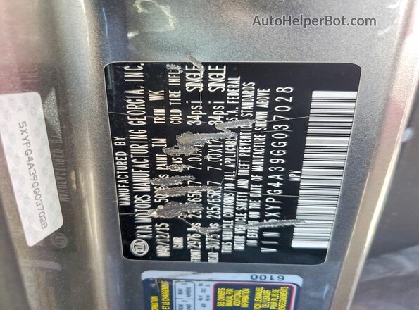 5XYPG4A39GG037028 2016 KIA SORENTO Gray Vista de la etiqueta del VIN