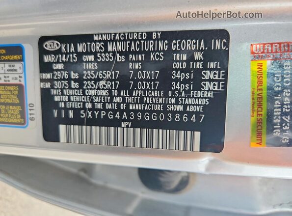 5XYPG4A39GG038647 2016 KIA SORENTO Silver 