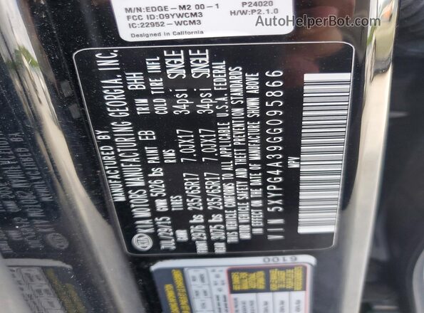 5XYPG4A39GG095866 2016 KIA SORENTO Black VIN sticker view