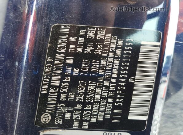 5XYPG4A39GG113993 2016 KIA SORENTO Blue Вид наклейки з VIN-кодом