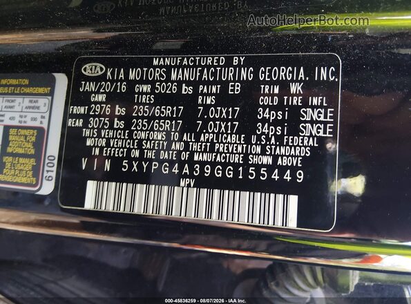 5XYPG4A39GG155449 2016 KIA SORENTO Black Vista del compartimento del motor