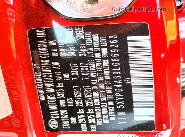 5XYPG4A39LG669263 2020 KIA SORENTO Red Widok naklejki z numerem VIN