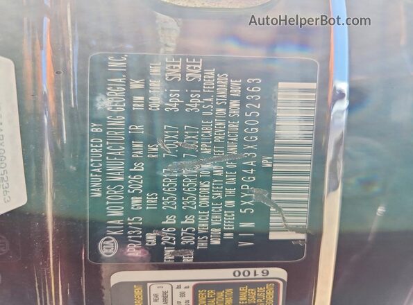 5XYPG4A3XGG052363 2016 KIA SORENTO Burgundy Engine compartment view