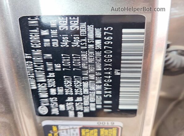 5XYPG4A3XGG079675 2016 KIA SORENTO Silver VIN sticker view