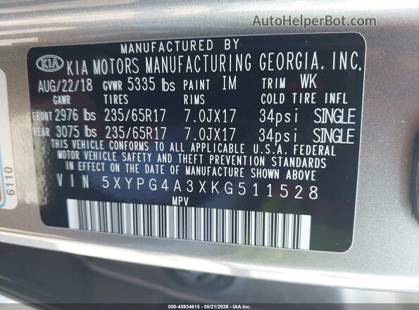 5XYPG4A3XKG511528 2019 KIA SORENTO Gray Widok komory silnika