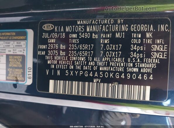 5XYPG4A50KG490464 2019 KIA SORENTO Blue Вид підкапотного простору