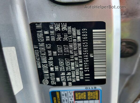 5XYPG4A56KG516839 2019 KIA SORENTO Silver VIN sticker view