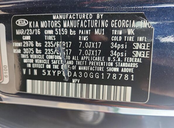 5XYPGDA30GG178781 2016 KIA SORENTO Blue Widok naklejki z numerem VIN