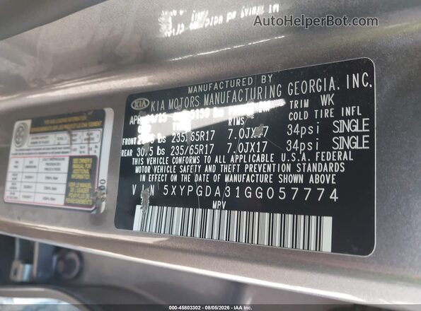 5XYPGDA31GG057774 2016 KIA SORENTO Gray ძრავის განყოფილების ხედი