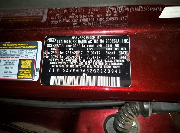 5XYPGDA32GG133941 2016 KIA SORENTO Burgundy VIN կոդի պիտակի տեսք