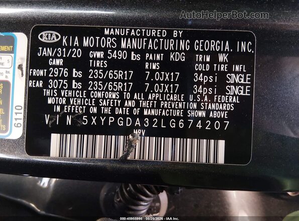 5XYPGDA32LG674207 2020 KIA SORENTO Gray Engine compartment view