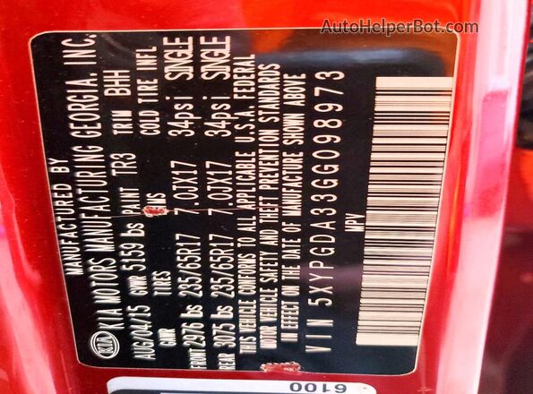 5XYPGDA33GG098973 2016 KIA SORENTO Red VIN კოდის სტიკერის ხედი