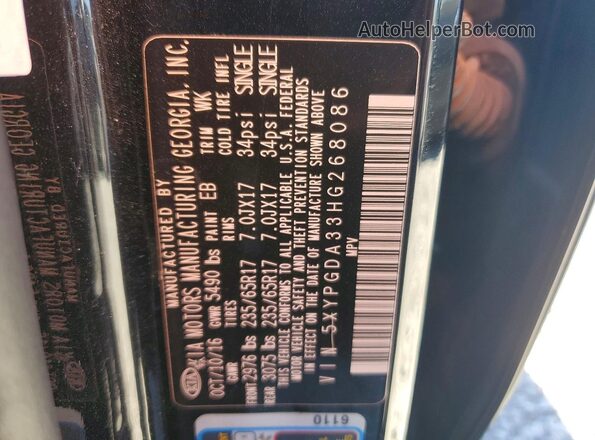 5XYPGDA33HG268086 2017 KIA SORENTO Black Вид наклейки з VIN-кодом