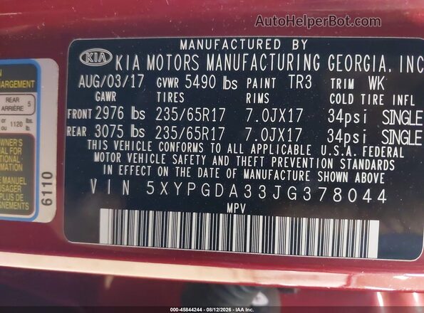 5XYPGDA33JG378044 2018 KIA SORENTO Burgundy ძრავის განყოფილების ხედი