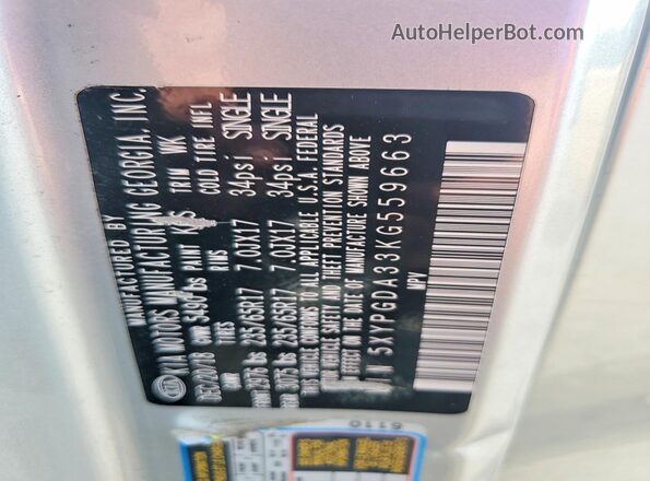 5XYPGDA33KG559663 2019 KIA SORENTO Silver Вид наклейки з VIN-кодом