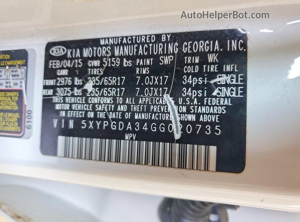 5XYPGDA34GG020735 2016 KIA SORENTO White Вид наклейки з VIN-кодом