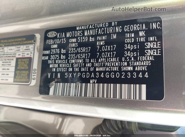 5XYPGDA34GG023344 2016 KIA SORENTO Gray Widok komory silnika