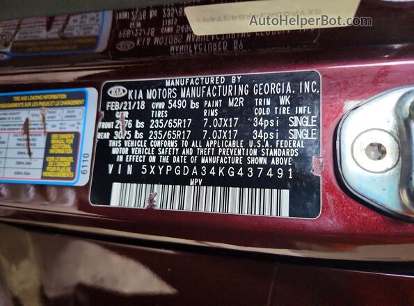 5XYPGDA34KG437491 2019 KIA SORENTO Burgundy Vista de la etiqueta del VIN